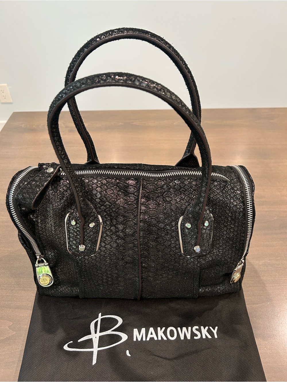 b. makowsky Black Snake-Embossed Leather Satchel